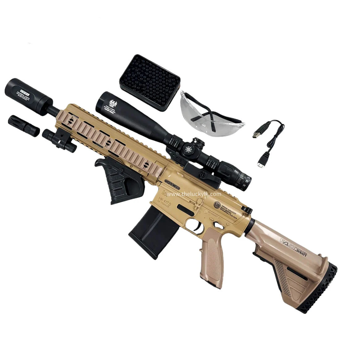 Exquisite Engraving HK417 Gel Blaster High Rate of Fire  Smooth Shooting With 7 Colors of Lighted Silencer