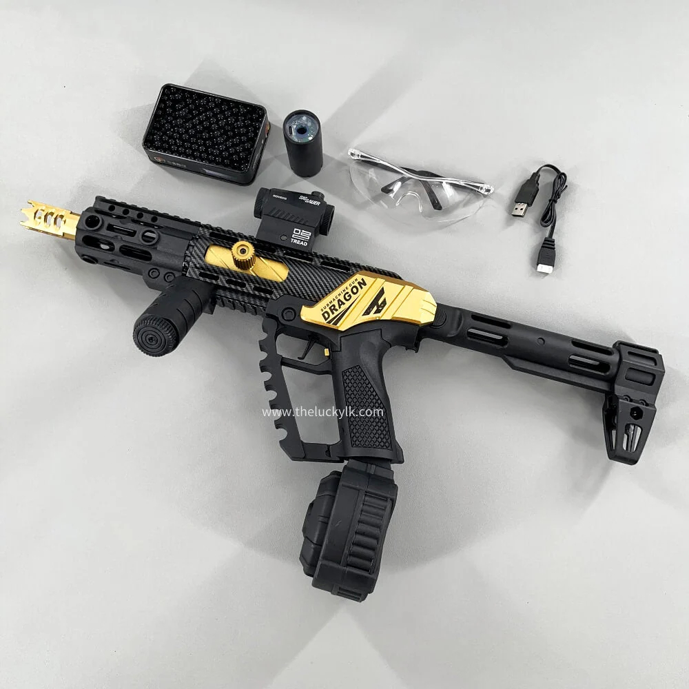 Carbon Fiber Gold Dragon MK17 Gel Blaster Equipped With A Multicolor Illuminated Suppressor